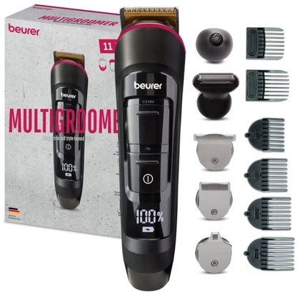 The Beurer Multigroomer MN9X from Beurer GmbH is neatly arranged with its box and eleven attachments - clipper heads, combs, and a detail shaver - next to the waterproof device with digital display.