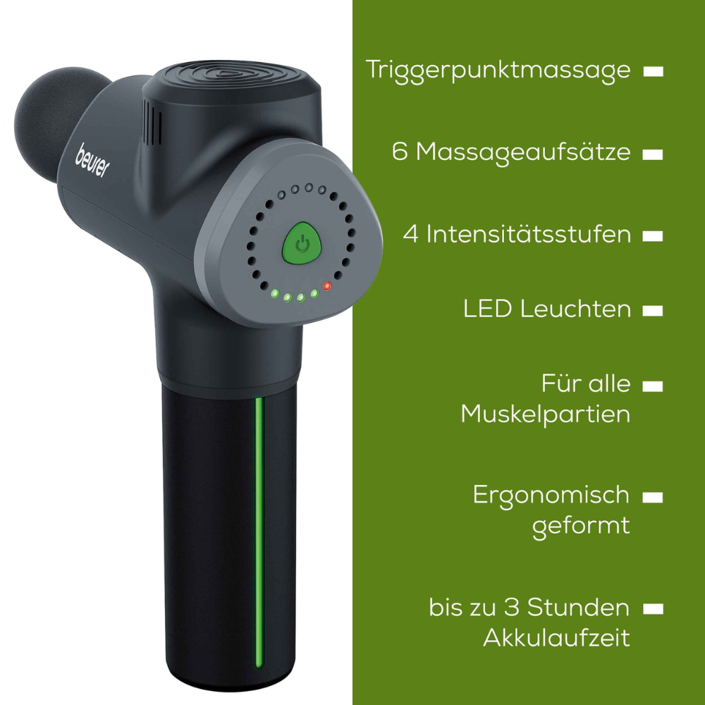 Bild einer schwarzen handgehaltenen Beurer Muskelmassagegerät MG 180 Massage Gun von Beurer GmbH, mit dem „Beurer“-Logo. Die rechts auf Deutsch aufgelisteten Funktionen umfassen: Triggerpunktmassage, 6 Massageaufsätze, 4 Intensitätsstufen, LED-Leuchten, geeignet für alle Muskeln, ergonomisch geformtes Design und bis zu 3 Stunden Akkulaufzeit.