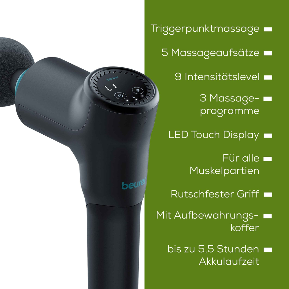 Hier ist der überarbeitete Satz:

Ein Bild der Beurer Muskelmassagegerät MG 185 Massage Gun mit einer Beschreibungsüberlagerung auf grünem Hintergrund. Beschreibungen auf Deutsch enthalten Details wie Triggerpunktmassage, 5 Massageaufsätze, 9 Intensitätsstufen, 3 Massageprogramme, LED-Touch-Display, rutschfester Griff, Aufbewahrungskoffer und bis zu 5,5 Stunden Akkulaufzeit für ultimative Muskelentspannung.