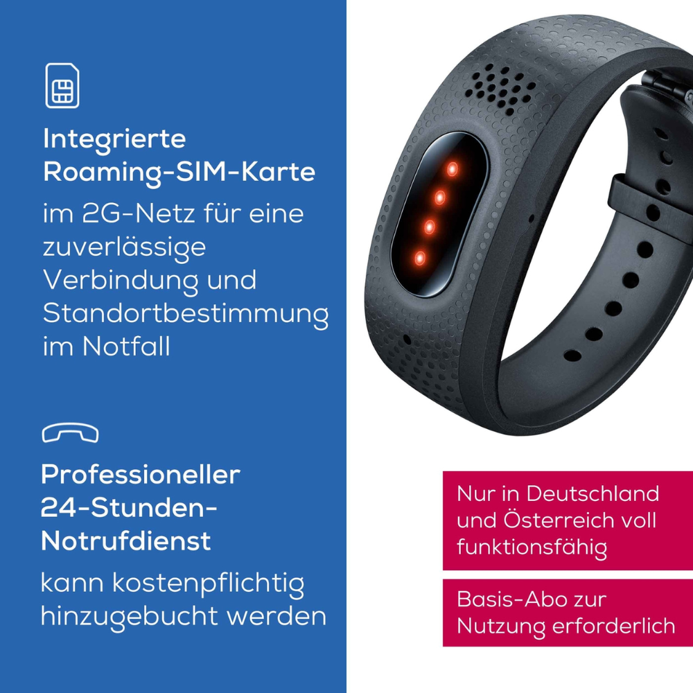 Ein Werbebild eines Fitnesstrackers mit Textdetails. Das Beurer GmbH Beurer Notfallarmband EC 70 SafePlus | Packung (1 Stück) verfügt über eine integrierte Roaming-SIM für 2G-Netzzuverlässigkeit, Sturzerkennung und Standortverfolgung in Notfällen. Es bietet eine professionelle 24-Stunden-Notruffunktion in Deutschland und Österreich mit einem erforderlichen Abonnement.