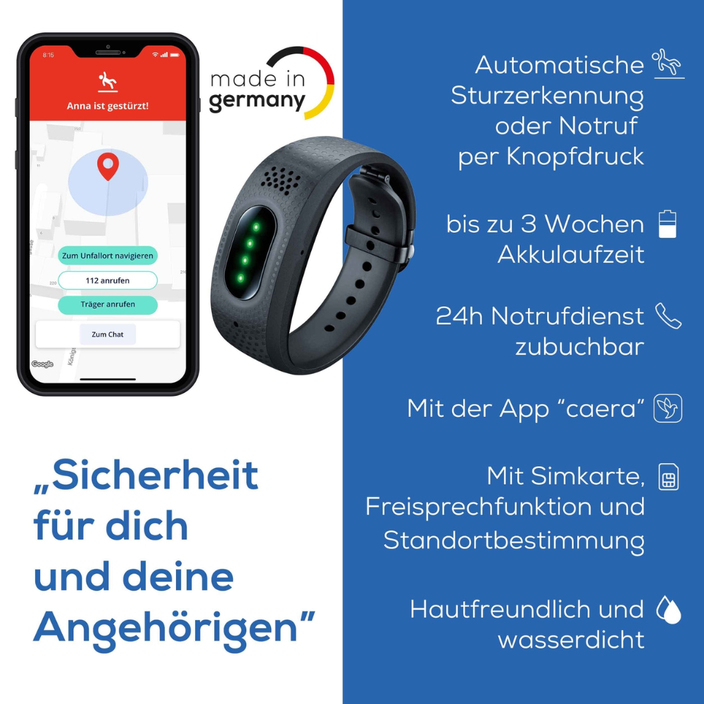 Eine Anzeige für ein persönliches Sicherheitsgerät zeigt einen Smartphone-Bildschirm mit einer Sicherheits-App, ein tragbares Beurer Notfallarmband EC 70 SafePlus | Packung (1 Stück) und einen deutschen Text, der Funktionen wie automatische Sturzerkennung, 3-wöchige Akkulaufzeit, 24-Stunden-Notruffunktion und Wasserbeständigkeit hervorhebt.