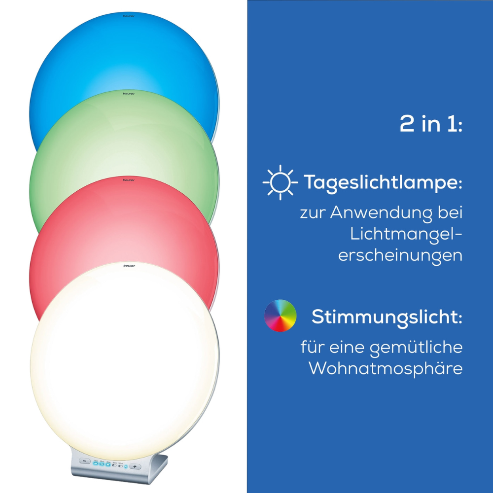 Ein Bild mit vier kreisförmigen Lichtern in Blau, Grün, Rot und Weiß vor einem Hintergrund mit Farbverlauf. Der Text rechts lautet: „2 in 1: Tageslichtlampe für Lichtmangelsymptome. Stimmungslicht für eine gemütliche Wohnatmosphäre.“ Steuern Sie die Beurer Tageslichtlampe TL 100 | mühelos über die Beurer LightUp App Packung (1 Stück) von Beurer GmbH für zusätzlichen Komfort.
