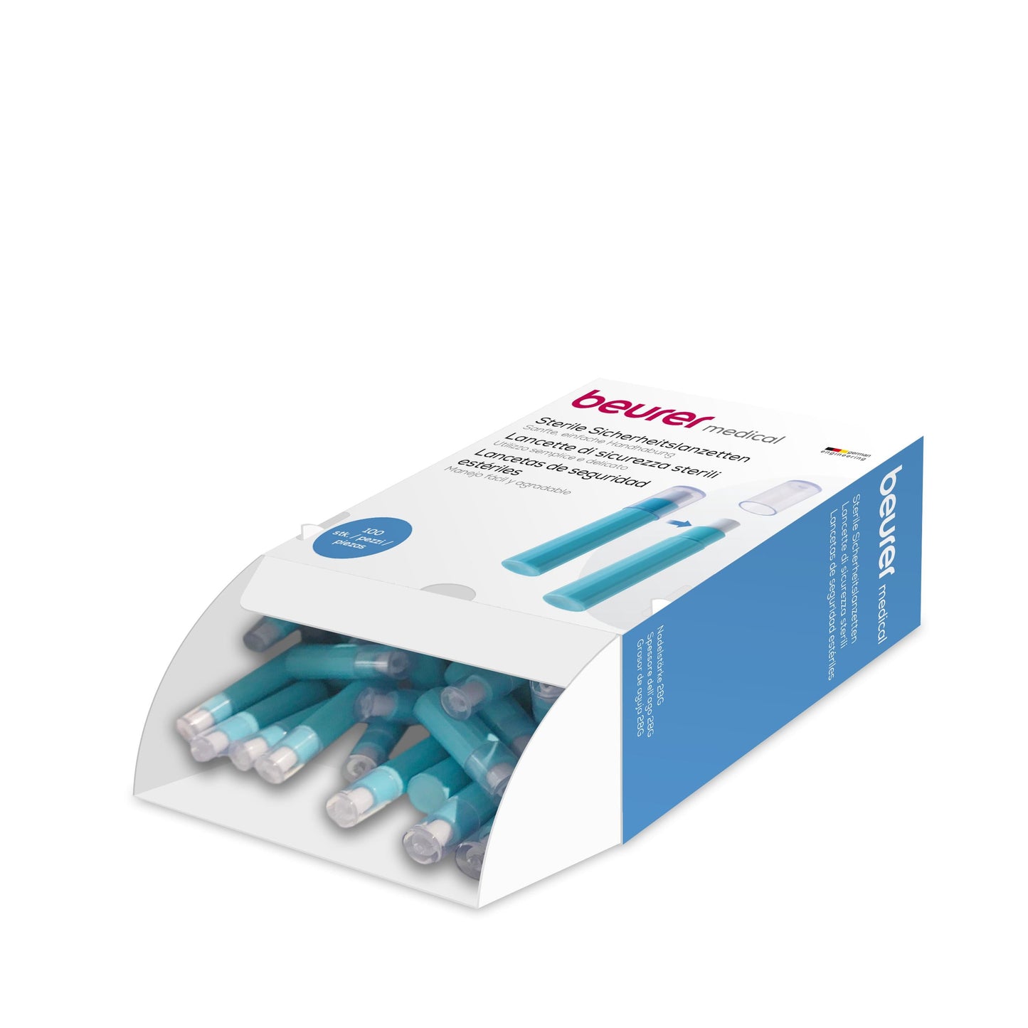 Opened box of sterile Beurer safety lancets from Beurer GmbH with visible blue and turquoise lancets, labeled for gentle, quick, and safe blood collection.