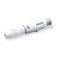 A white-grey discontinued item: The Beurer lancing device from Beurer GmbH with adjustable depth lies on a white background and is used for pricking the skin to obtain blood samples for blood glucose meters.