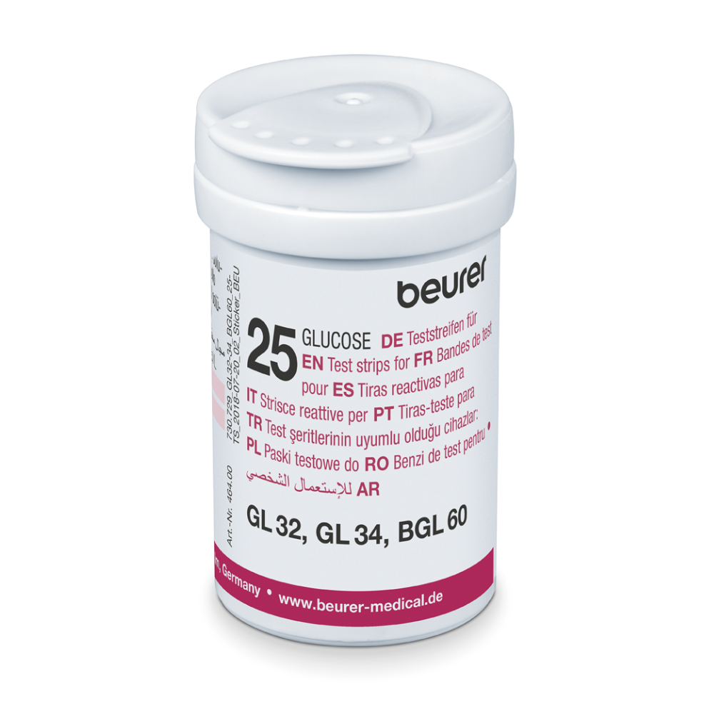 A white cylindrical container labeled "Beurer GmbH" contains 50 Beurer test strips GL 32/34/ & BGL 60 for blood glucose meters. The label includes multilingual instructions and product information.