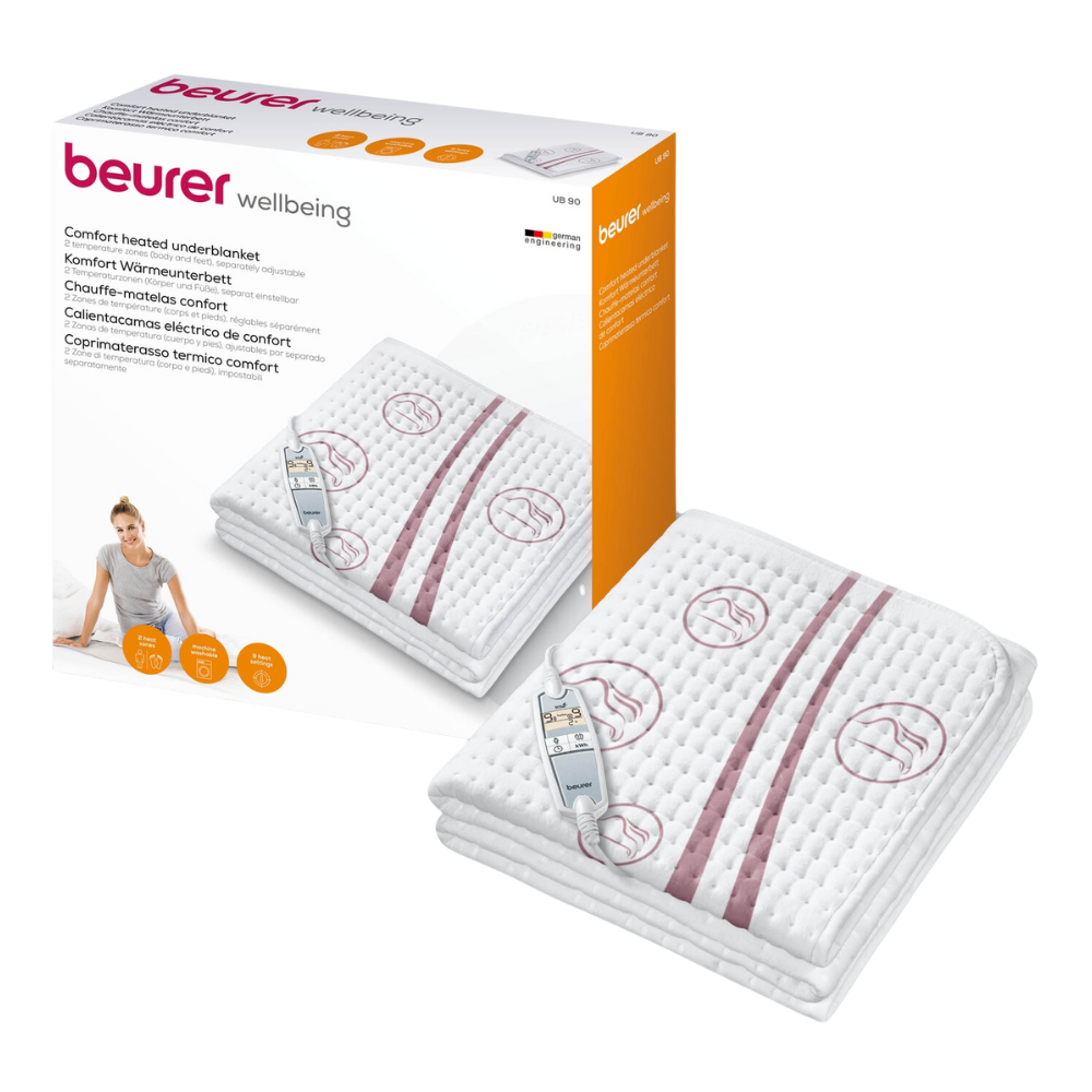 Ein Bild des Beurer UB 90 Komfort-Wärmeunterbetts (1 Stück) von Beurer GmbH. Das Produkt ist zusammengefaltet neben seiner Verpackung abgebildet, die das Unterbett mit einer Steuereinheit mit Temperaturstufen präsentiert. Auf der Verpackung sind das Markenlogo, ECO Control, Produktinformationen und ein Bild einer Person zu sehen, die auf dem Unterbett liegt.