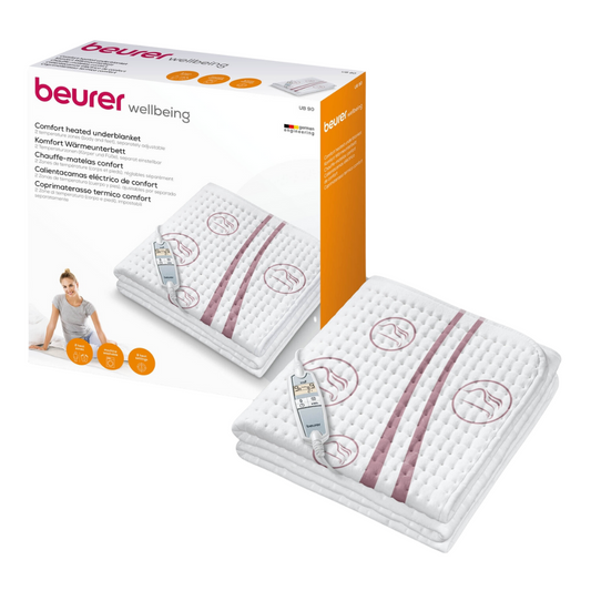 Ein Bild des Beurer UB 90 Komfort-Wärmeunterbetts (1 Stück) von Beurer GmbH. Das Produkt ist zusammengefaltet neben seiner Verpackung abgebildet, die das Unterbett mit einer Steuereinheit mit Temperaturstufen präsentiert. Auf der Verpackung sind das Markenlogo, ECO Control, Produktinformationen und ein Bild einer Person zu sehen, die auf dem Unterbett liegt.