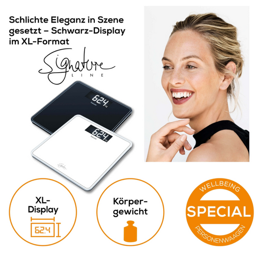 Ein Werbebild zeigt eine lächelnde Frau und zwei digitale Personenwaagen (eine schwarze und eine weiße), die „6,24“ anzeigen. Der Text in deutscher Sprache bewirbt die Beurer GS 400 Körperwaage SignatureLine der Beurer GmbH mit einer großen Trittfläche aus Sicherheitsglas und einem „Special“-Schild, das ihr modernes Design hervorhebt.