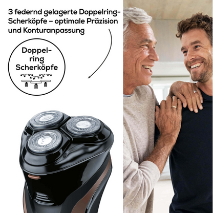 An older man with gray hair uses a Beurer HR 8000 rotary shaver from Beurer GmbH on a younger man with a beard. The shaver, equipped with a precision cutting system, features three double-ring floating heads for optimal precision and contour adaptation. The text in German describes the functions of '3 spring-loaded double-ring shaving heads'.