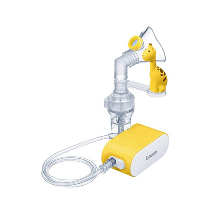 The discontinued item: Beurer small inhaler IH 58 KIDS from Beurer GmbH has a yellow-white base, a giraffe-shaped mouthpiece, a transparent mask, and a transparent hose - ideal as an inhaler for children for asthma relief.