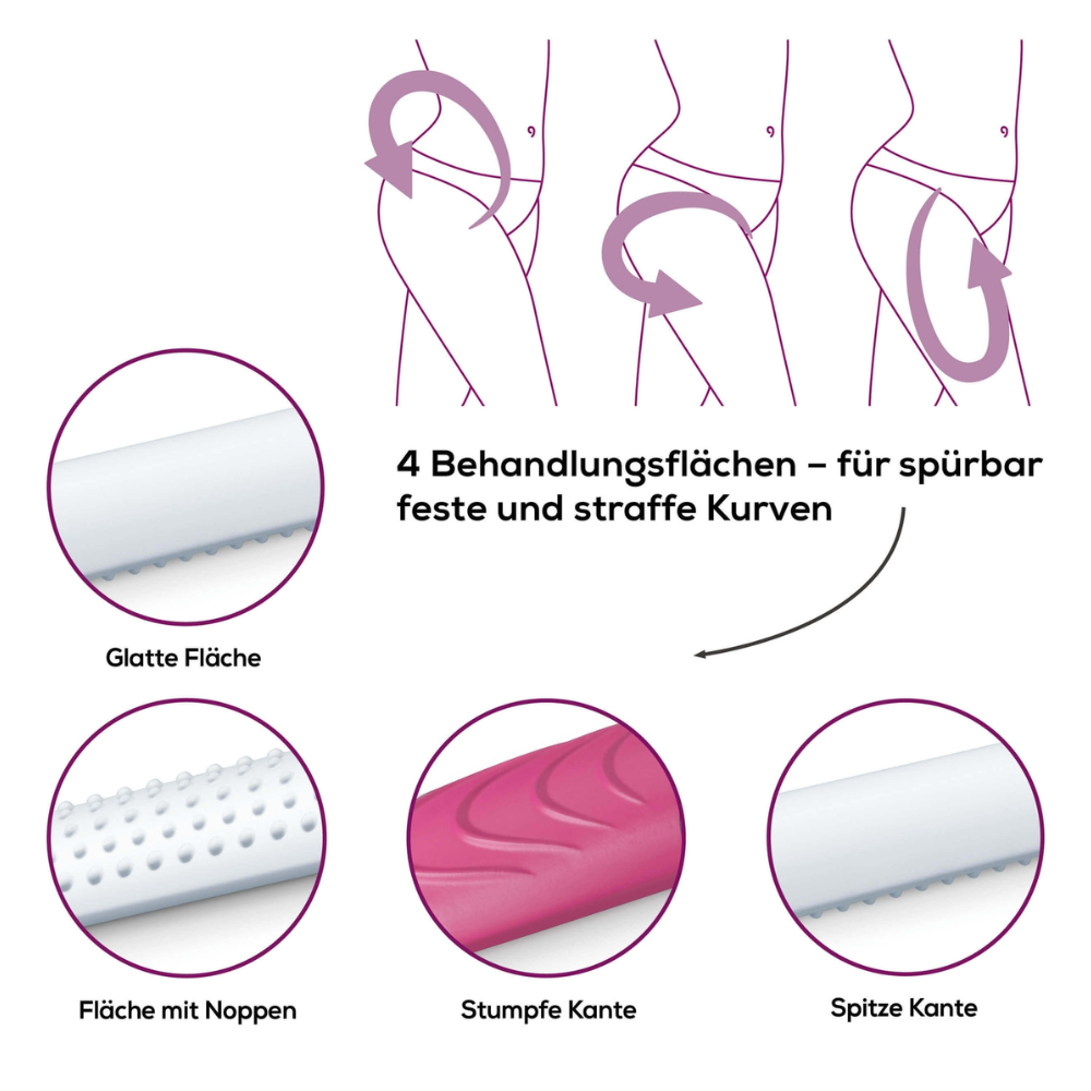 Illustration of the Beurer cellulite releaZer® compact, cellulite massage | package (1 piece), with four treatment areas for visible tightening and firming of curves. The diagrams show body parts as well as close-ups of their surfaces: smooth, textured with knobs, blunt edge, and pointed edge. An explanatory text in German describes the features provided by Beurer GmbH.