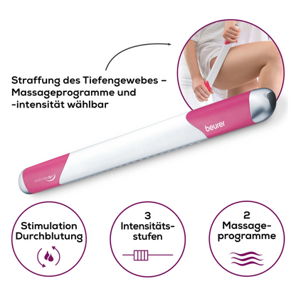 Image of a Beurer massage device with German text and symbols. The illustration shows a woman using the Beurer cellulite releaZer® compact, cellulite massage | package (1 piece) on her thigh. Features such as deep tissue tightening, selectable massage programs and intensity, improved blood circulation, three intensity levels, and two massage programs are highlighted.