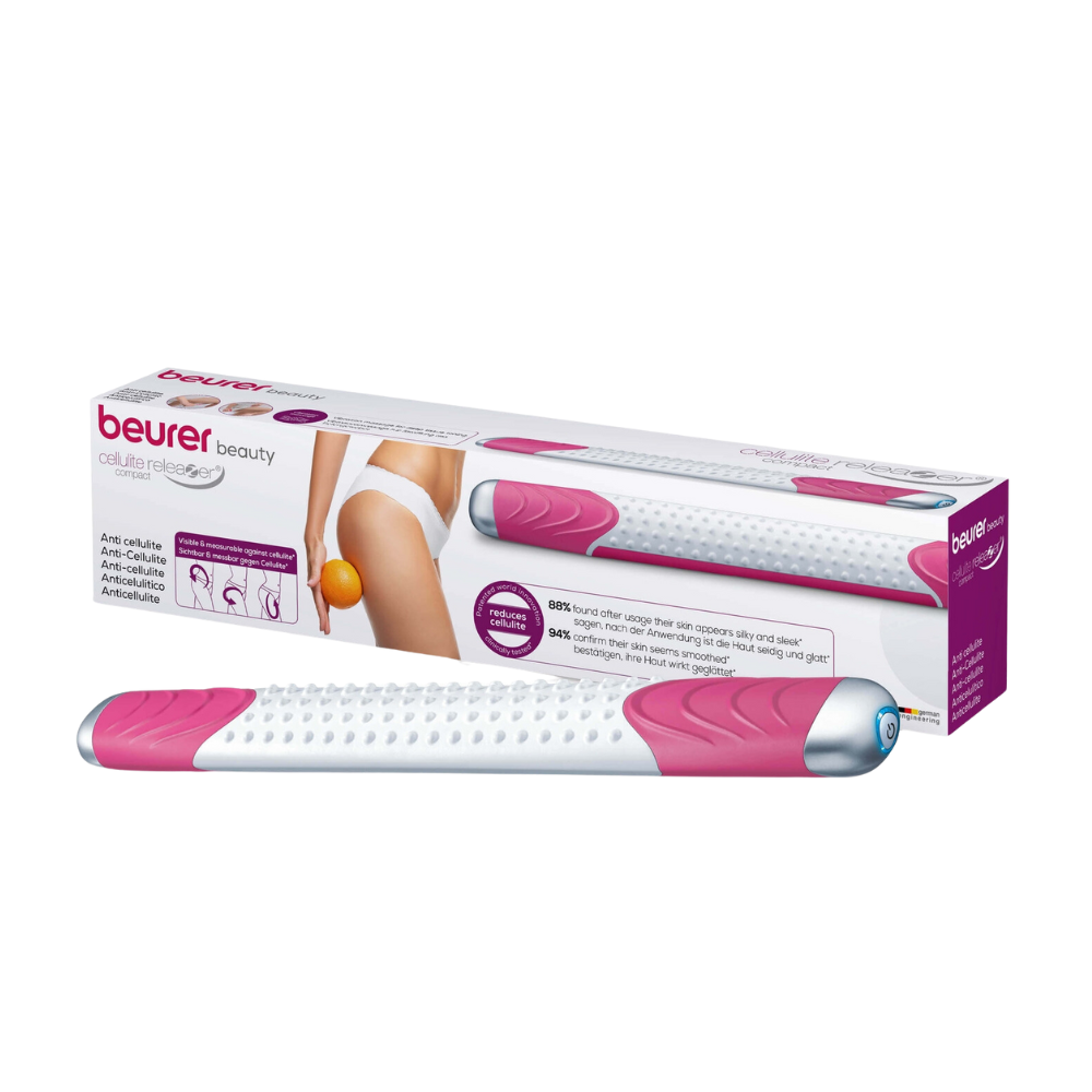 Image of the Beurer cellulite releaZer® compact, cellulite massage device in pink and white. The compact cellulite massage device from Beurer GmbH features a textured roller surface and comes in packaging with images demonstrating its use on the back of a woman's thigh. The packaging includes text and symbols highlighting the product's features and benefits, including the vibration massage.