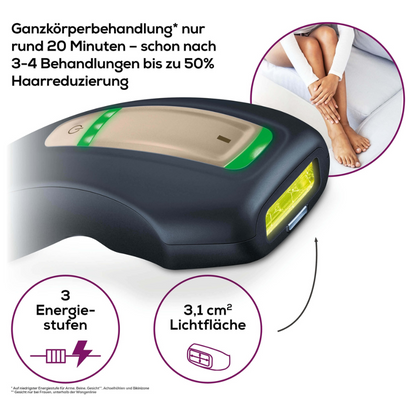 An advertisement image of the Beurer permanent hair removal IPL Pure Skin Pro Black. The image highlights features such as full body treatment in about 20 minutes, hair removal of up to 50% after 3-4 treatments, permanent hair removal with 3 energy levels, and a light area of 3.1 cm². A woman is seen using the device on her legs.