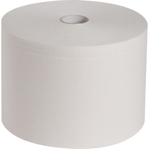 Eine große, weiße WypAll® L20 EXTRA Wischtücher Großrolle von Kimberly-Clark GmbH, mit 1.000 Tüchern auf einer Rolle, präsentiert vor schlichtem weißen Hintergrund.