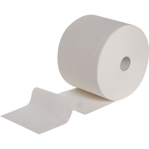 Eine große WypAll® L20 EXTRA Wischtücher Großrolle von Kimberly-Clark GmbH, 1 Rolle mit 1000 Blatt in weiß, wird auf einem einfarbig weißen Hintergrund teilweise abgerollt.