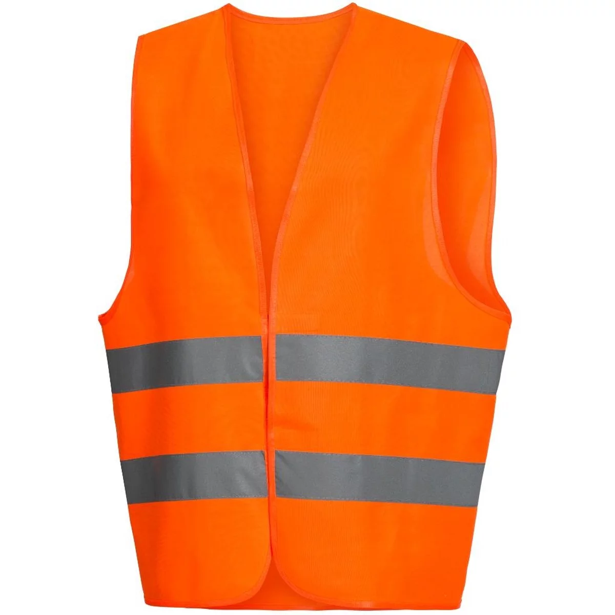 The Nitras high-visibility safety vest from AS Arbeitsschutz GmbH is a neon orange, breathable safety vest, certified according to EN ISO 20471. It features two horizontal, reflective gray stripes on the front and has a sleeveless, open design to ensure both visibility and comfort.
