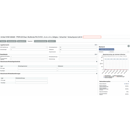 Screenshot of a computer interface with detailed product information for an item titled "SmartStock Calculator: Weclapp Minimum and Target Stock Calculator by Consumption," displaying various attributes, prices, and a sales chart via the cloud-based Altruan.