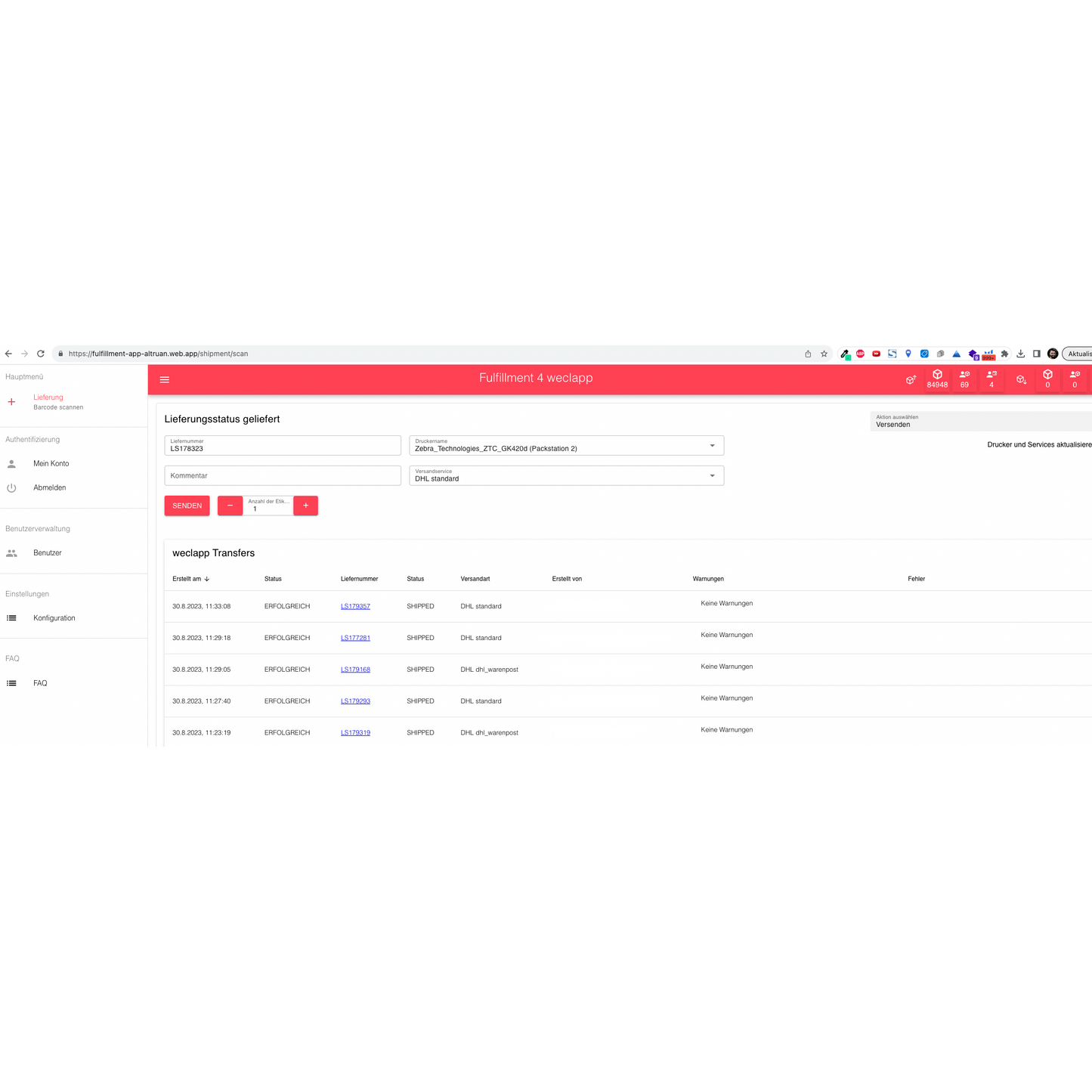 Screenshot der Altruan PackMaster App-Schnittstelle für das Fulfillment-Management mit Registerkarten wie „Planung“, „Versandlabelerstellung“ und anderen sowie einem Abschnitt zum Eingeben von Auftragsdetails wie Auftragsnummer usw.
