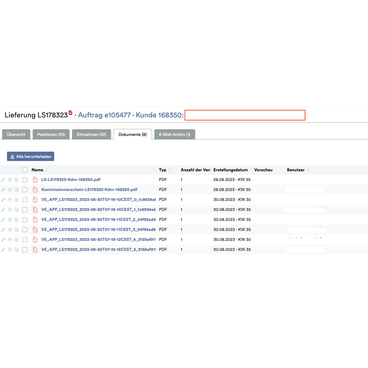 Ein Screenshot der Weclapp Logistik Packing App, der ein digitales Dokumentensystem mit einer Liste von PDF-Dateien zeigt, denen jeweils spezifische Metadaten wie Typ, Seitenzahl, Erstellungsdatum und verborgene Benutzerinformationen zugeordnet sind.