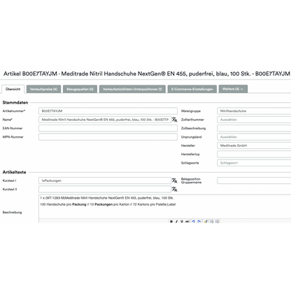 Screenshot of a UnitTable Sync: Weclapp Packaging Units and Bill of Materials Generator page for Meditrade Nitrile Gloves NextGen EN 455, displaying details like item name, description, packaging units, and supplier information in Altruan.