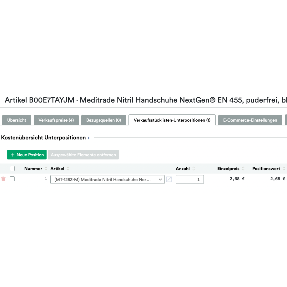 Screenshot of a website page displaying an order for "UnitTable Sync: Weclapp Packaging Units and Bill of Materials Generator" with Amazon ASINS, quantity, and price in a grid view.