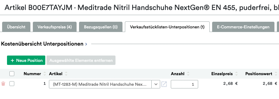 Screenshot einer Website-Seite, auf der eine Bestellung für „UnitTable Sync: Weclapp Verpackungseinheiten und Stücklistengenerator“ mit Amazon-ASINS, Menge und Preis in einer Rasteransicht angezeigt wird.