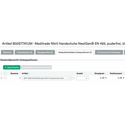 Screenshot of a website page displaying an order for "UnitTable Sync: Weclapp Packaging Units and Bill of Materials Generator" with Amazon ASINS, quantity, and price in a grid view.