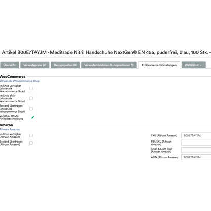 Screenshot of an Altruan UnitTable Sync: Weclapp Packaging Units and Bill of Materials Generator interface showing the listing details of Meditrade Nitrile Gloves NextGen EN 455. Size and quantity are provided. Also visible are marketplace details.