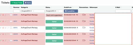 Screenshot von OrderGuardian: Weclapp Auftrags-Überprüfungssystem zeigt mehrere Ticketeinträge mit Details wie Ticketnummer, Kategorie, Status, Kunde und Datum, hervorgehoben durch ein rotes Rechteck in einem Abschnitt im Altruan-Cloud-Dienst.