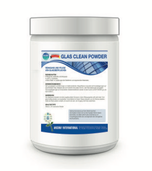 Ein weißer Kunststoffbehälter mit 1 kg Arcora Glass Clean Powder Spezialreiniger von Arcora International GmbH, mit blauen Akzenten und Glasplattengrafik. Ideal zum Reinigen von Glasoberflächen und Entfernen von Kalkrückständen. Deckel zum Aufschrauben; weißer Hintergrund.