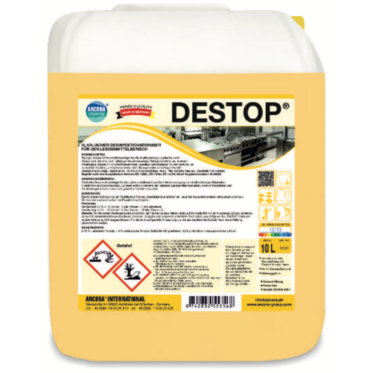 Eine 1-Liter-Flasche Arcora Destop Alkalischer Desinfektionsreiniger der Arcora International GmbH, beschriftet mit Gefahrensymbolen und Sicherheitshinweisen, ist ideal für die professionelle Reinigung in Lebensmittelbereichen und Großküchen.