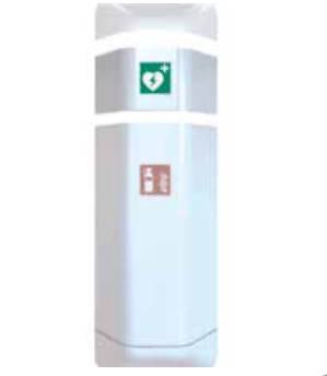 Der Novocal help Aufsatz Defibrillator von Novocal ist ein weißes, rechteckiges Wandgerät mit grünem Defibrillator-Schild und rosa Erste-Hilfe-Symbol, perfekt für die Notfallset-Aufbewahrung und zur Unterstützung lebensrettender Maßnahmen.