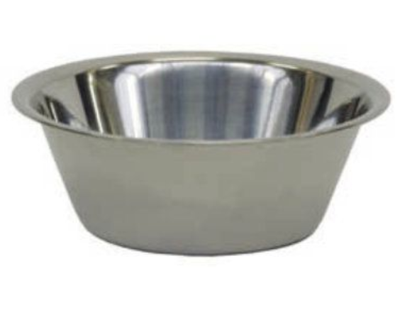 Die Novocal Schale für Schalenständer ist eine Schale aus rostfreiem Stahl mit einem oberen Innendurchmesser von 290 mm und einem unteren Außendurchmesser von 190 mm. Sie ist mit einem breiten Rand und einer glatten, spiegelnden Oberfläche auf weißem Hintergrund versehen. Packung (1 Stück).
