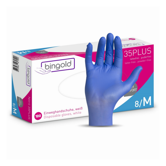 Ein blauer Bingold Nitril 35PLUS-Handschuh der BINGOLD GmbH + Co. KG wird vor einem Karton mit der Aufschrift „bingold 35PLUS“ gezeigt, der 100 weiße Einmalhandschuhe (Größe 8/M) mit deutscher und englischer Beschriftung und der Kennzeichnung „Medizinprodukt Klasse I“ enthält.