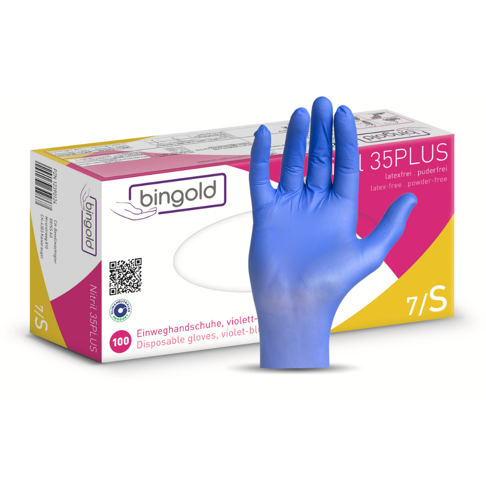 Abgebildet ist ein blauer Bingold Nitril 35PLUS-Handschuh der BINGOLD GmbH + Co. KG vor einer Schachtel mit 100 latex- und puderfreien Handschuhen der Größe 7/S, PSA-Kategorie III, Medizinprodukt Klasse I, mit deutschem und englischem Text.