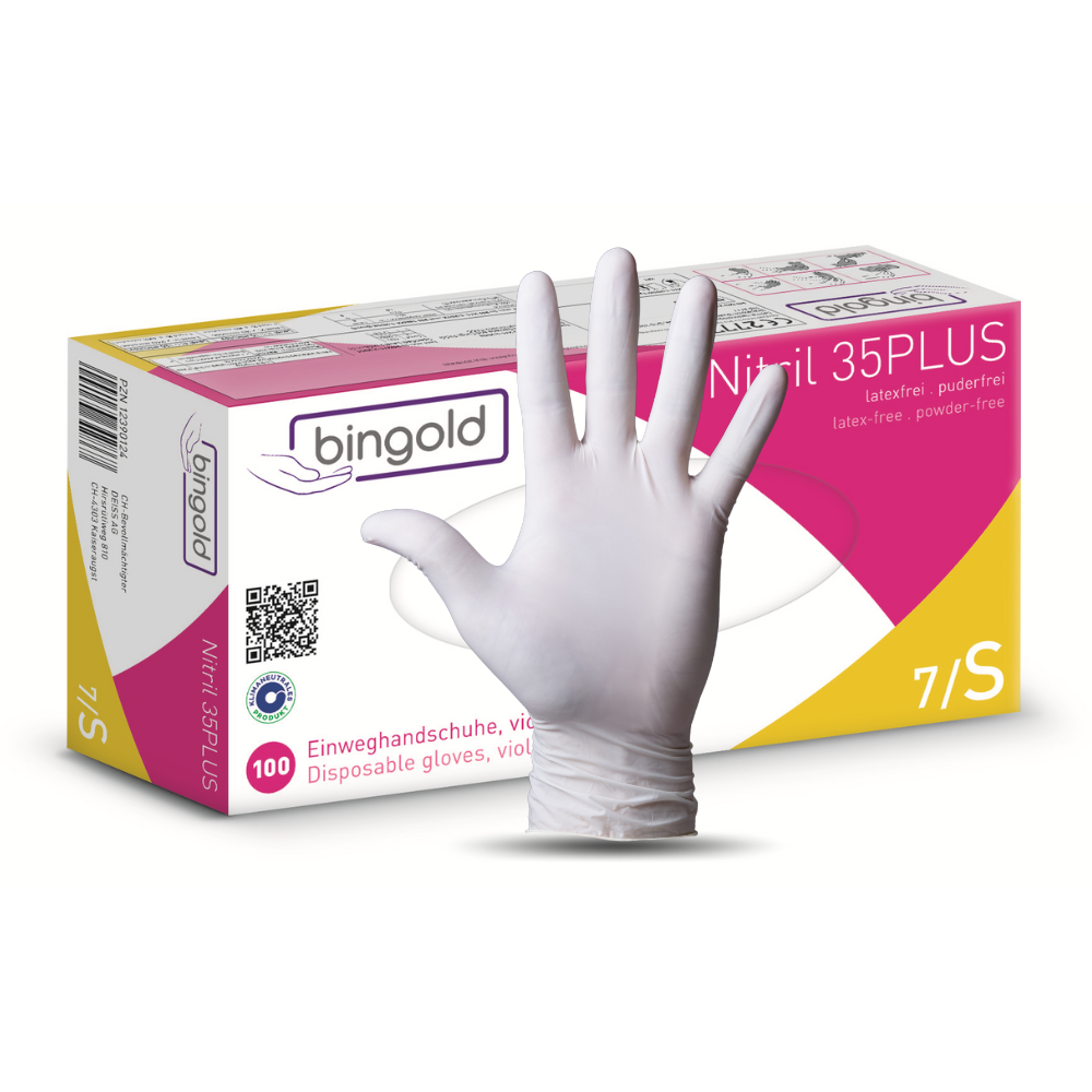 Abgebildet ist eine Schachtel Bingold Nitril 35PLUS Nitril Handschuhe der BINGOLD GmbH + Co. KG, Größe 7/S; 100 latex- und puderfreie Handschuhe, wobei ein weißer Handschuh auf der erhobenen Hand getragen wird – ideal für Hygienebereiche.