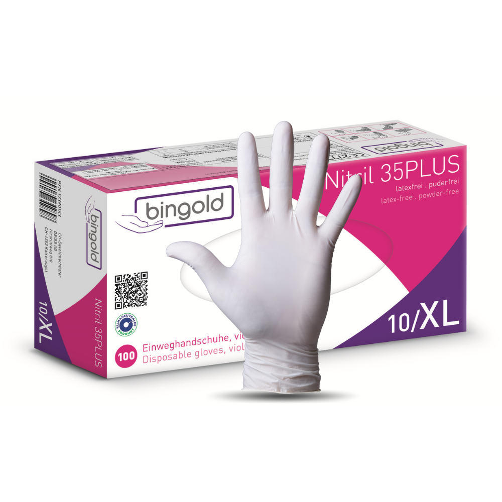 Eine Schachtel Bingold Nitril 35PLUS Nitril Handschuhe der BINGOLD GmbH + Co. KG, Größe XL, in lila-weißer Verpackung mit 100 latexfreien, puderfreien Handschuhen für den Hygienebereich und den Schutz vor chemischen Gefahren.