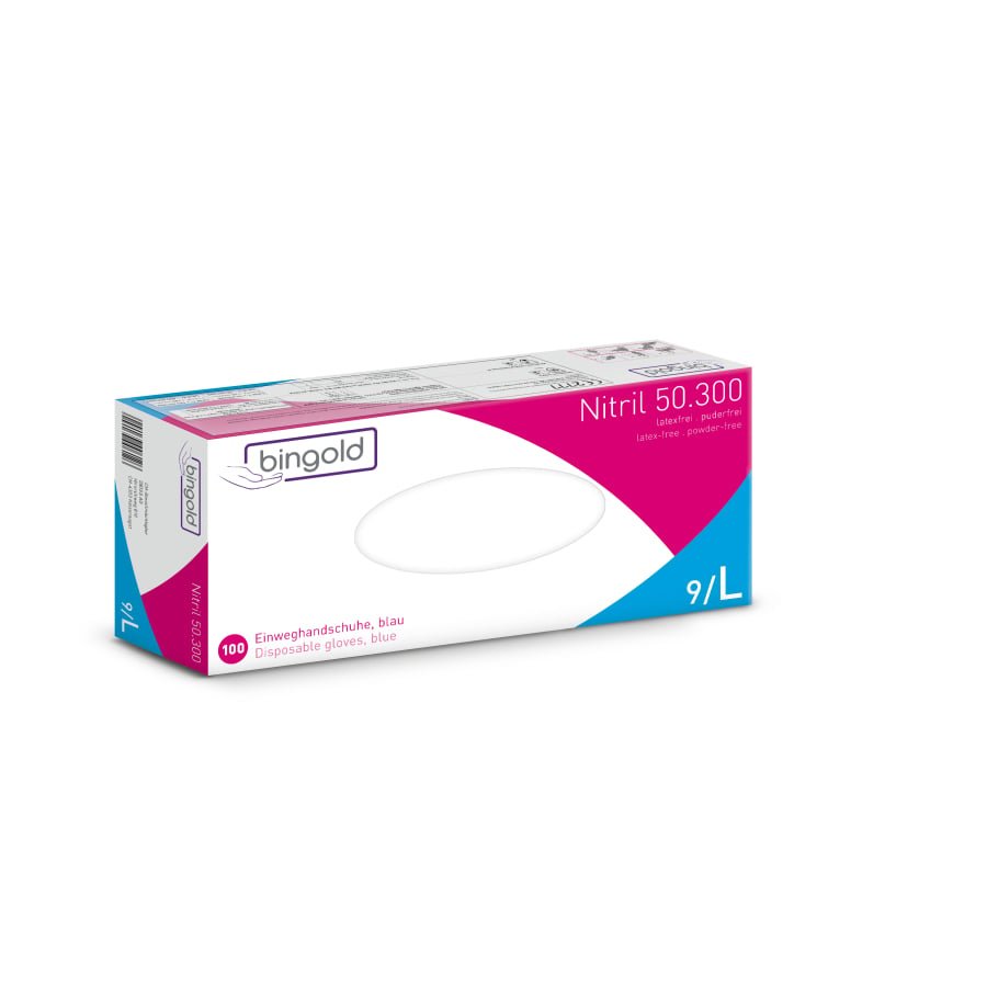 A rectangular box of Bingold Nitril 50.300, blue (size 9/L) from BINGOLD GmbH + Co. KG contains 100 food-safe, lab-suitable blue disposable gloves; the predominantly white box with blue-pink accents is provided with German and English text.