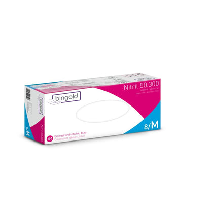 A box of Bingold Nitril 50.300, blue from BINGOLD GmbH + Co. KG (size 8/M) contains 100 food-safe gloves, ideal for use in the laboratory. The predominantly white box has blue and pink accents with detailed product information on the sides.