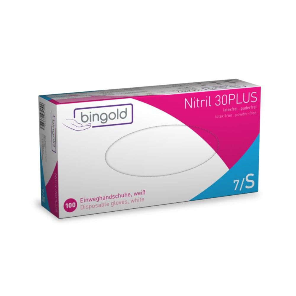 In einem weißen Karton mit der Aufschrift „Bingold Nitril 30PLUS Einmalhandschuhe“ der BINGOLD GmbH + Co. KG sind 100 weiße Einmalhandschuhe aus Nitril enthalten. Sie tragen die Aufschrift „latexfrei, puderfrei“, Größe „7/S“, ideal für die Lebensmittelverarbeitung, mit blaugrünen und rosa Akzenten.