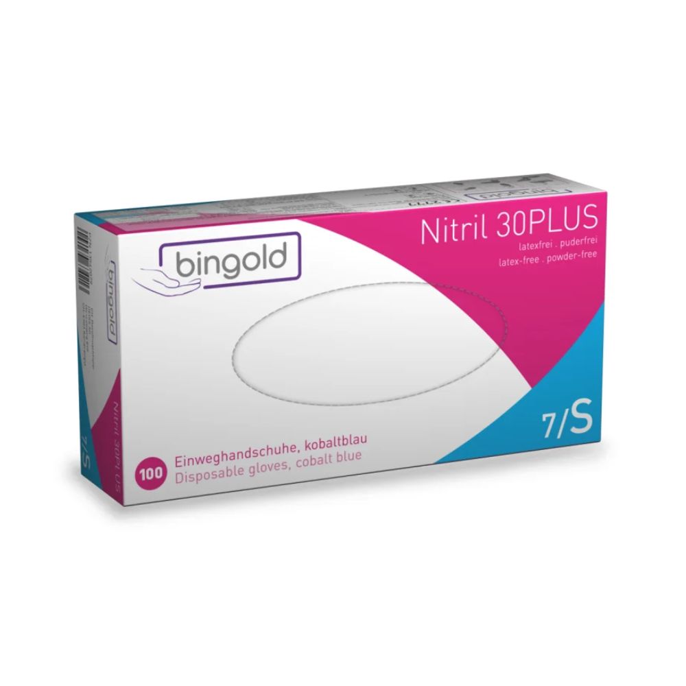 Abgebildet ist eine Schachtel Bingold Nitril 30PLUS Einmalhandschuhe von BINGOLD GmbH + Co. KG, ideal für die Lebensmittelindustrie und zum Schutz vor chemischen Gefährdungen. Die kobaltblauen Handschuhe sind latexfrei und puderfrei, in einer weißen Schachtel mit rosa und blauen Akzenten, die 100 Nitrilhandschuhe der Größe 7/S enthält.