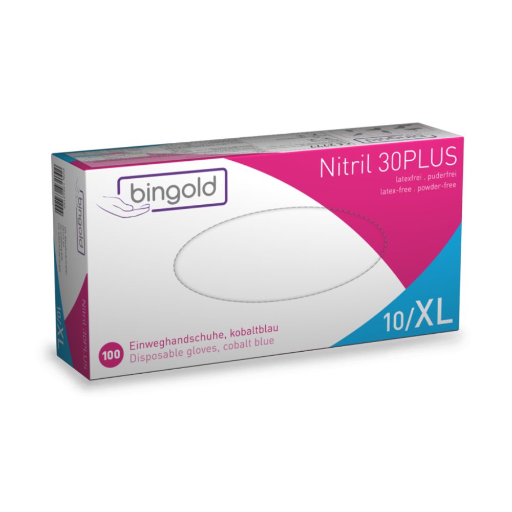 Die Bingold Nitril 30PLUS Einmalhandschuhe der BINGOLD GmbH + Co. KG werden in einer überwiegend weißen Box mit rosa Akzenten geliefert und enthalten 100 kobaltblaue, latexfreie, puderfreie Handschuhe für die Lebensmittelindustrie. Auf der Vorderseite ist die Größe 10/XL deutlich zu erkennen.