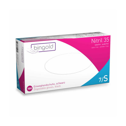 A box of Bingold Nitrile 35 powder-free disposable gloves, size 7/S, has a pink-white design. These black gloves are made from nitrile butadiene rubber, provide protection against chemical hazards, have micro-textured fingertips for better grip, and contain 100 latex-free gloves.