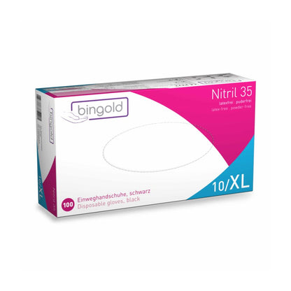 A box of Bingold Nitrile 35 powder-free disposable gloves from BINGOLD GmbH + Co. KG, size 10/XL, contains 100 latex-free, powder-free black nitrile gloves with micro-textured fingertips, made from nitrile butadiene rubber for chemical protection in a bright pink-white design.