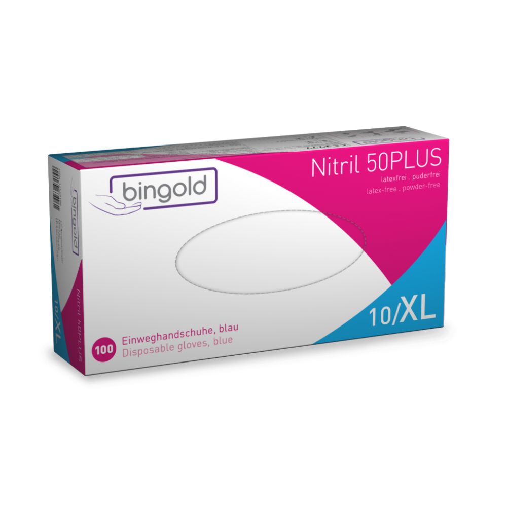Die überwiegend blau-weiß mit magentafarbenem Streifen gestaltete Bingold Nitril 50PLUS Einmalhandschuhe-Box der BINGOLD GmbH + Co. KG beinhaltet 100 latexfreie, puderfreie blaue Handschuhe der Größe 10/XL für den sicheren Umgang mit chemischen Gefährdungen.