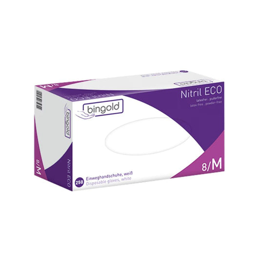 Die Bingold Nitril ECO Nitrilhandschuhe der BINGOLD GmbH + Co. KG werden in einer Box mit 250 Stück weißen Handschuhen in der Größe 8/M geliefert. Diese chemikalienbeständigen Handschuhe sind latexfrei und puderfrei und bieten zuverlässigen Schutz in einer stilvollen Verpackung.