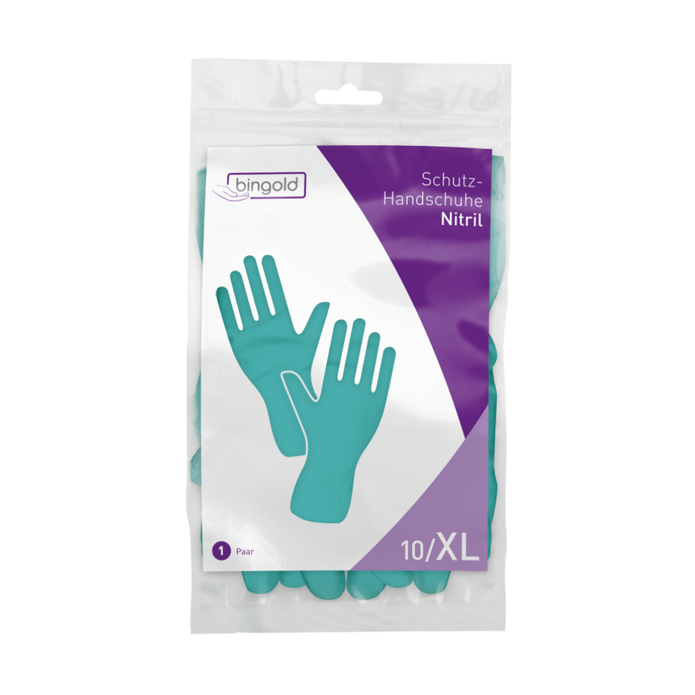 Die BINGOLD Schutzhandschuhe Nitril von BINGOLD GmbH + Co. KG, Größe 10/XL, werden in einer Klarsichtverpackung mit violett-weißem Design geliefert. Auf der Vorderseite sind zwei blaugrüne Handschuhe abgebildet, die sich ideal für den Einsatz bei chemischen Gefahren eignen.