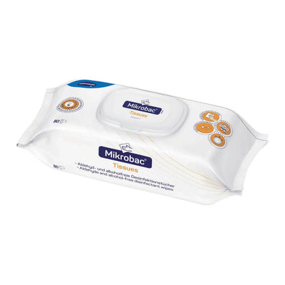 A package of BODE Mikrobac® Tissues surface disinfectant wipes labeled "alcohol-free" contains 80 wipes. The packaging is predominantly white with blue and orange and is manufactured by Paul Hartmann AG.
