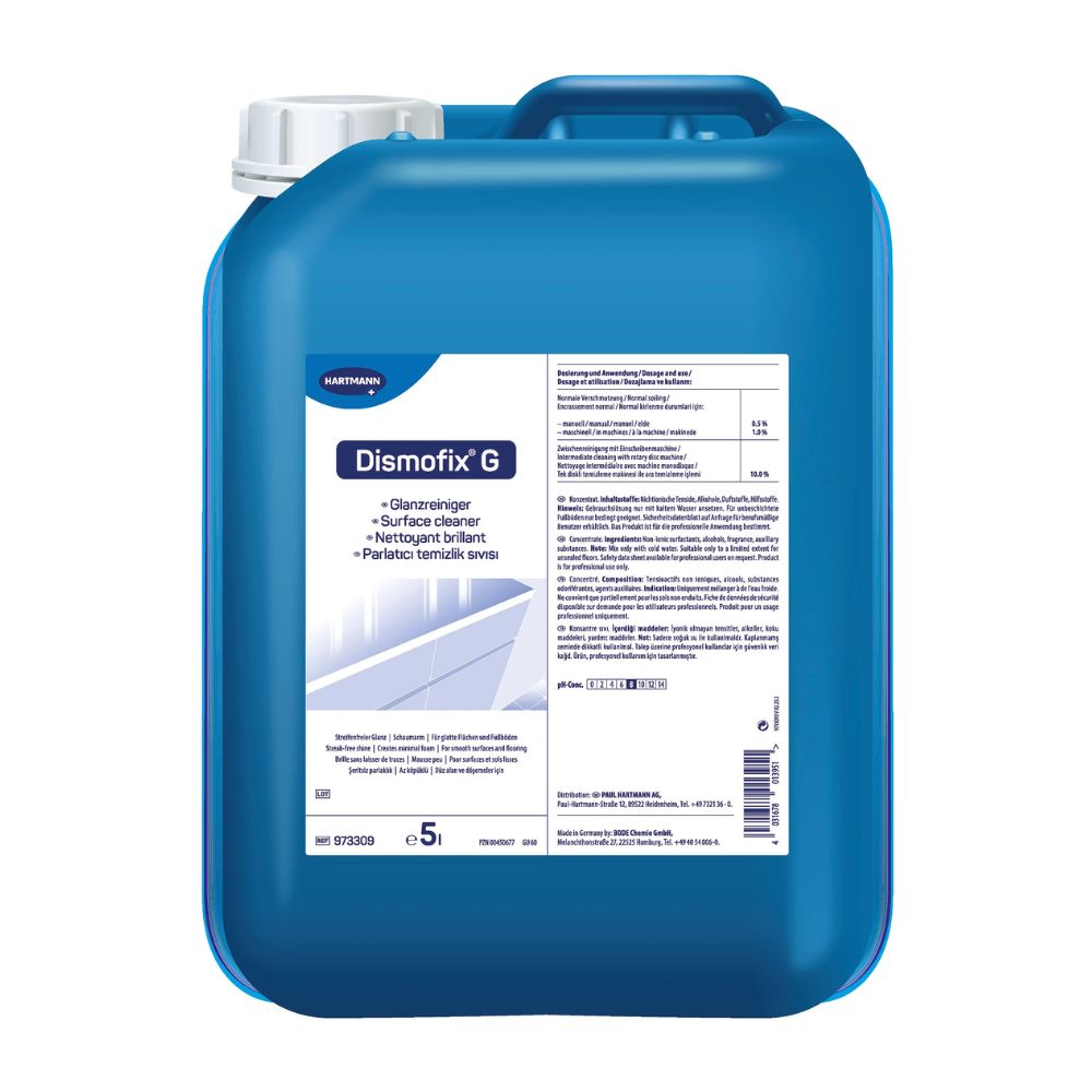 A blue 5-liter plastic canister of Bode Dismofix® G Gloss Cleaner, equipped with a white label containing product information and application instructions for streak-free cleaning. (Paul Hartmann AG)